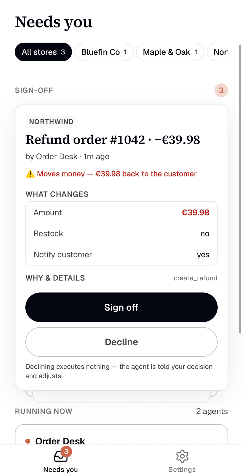 datavessel mobile app — the Needs you screen with a refund waiting for sign-off