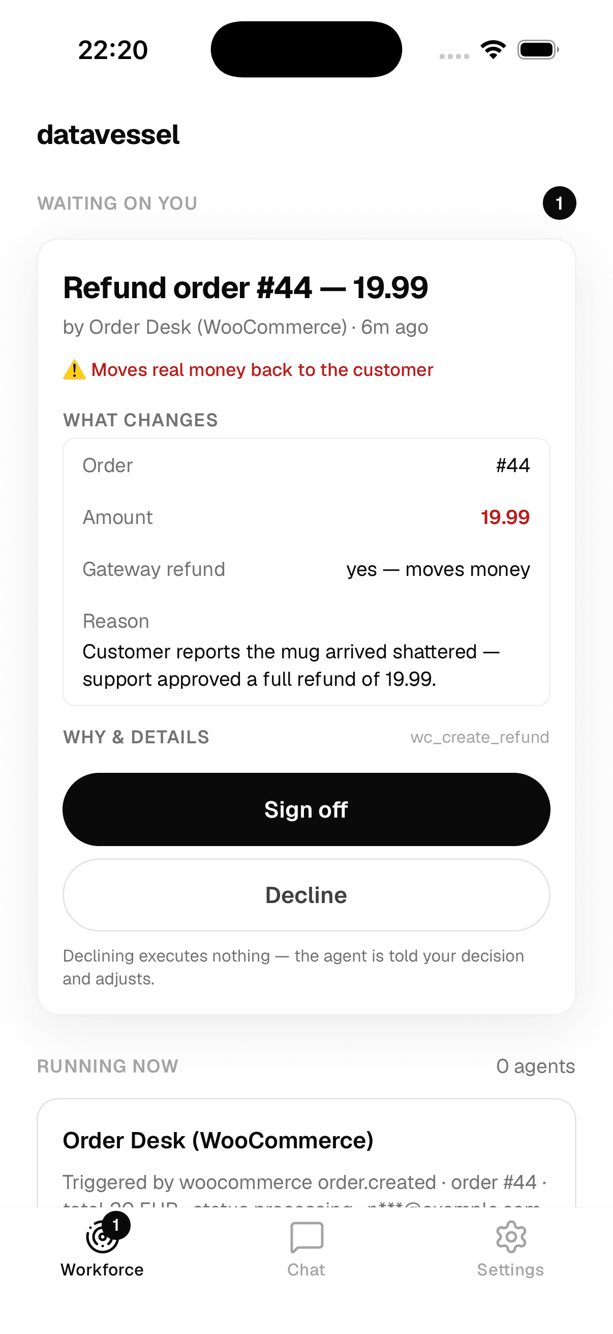 datavessel mobile — the same sign-off in your pocket
